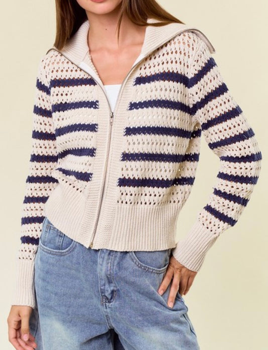 Zip-Up Striped Knit Sweater