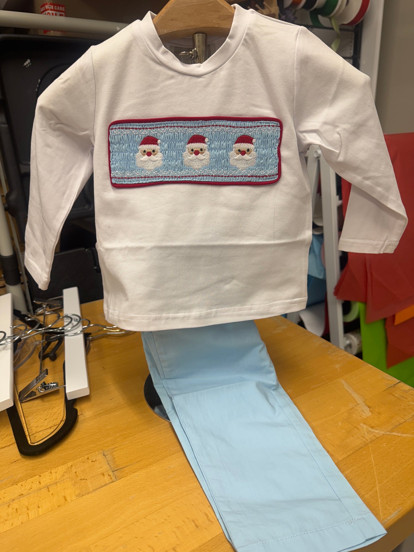 Santa Smocked Top with Light Blue Pants