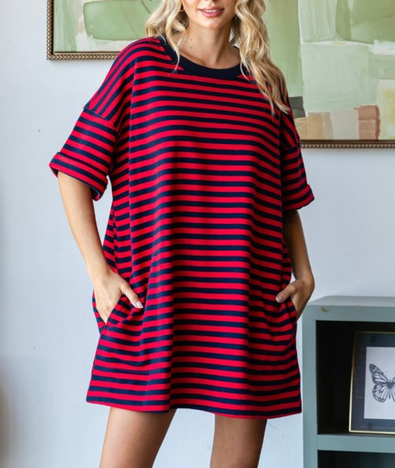 Striped Knit Pullover Big Top Dress- Red & Navy