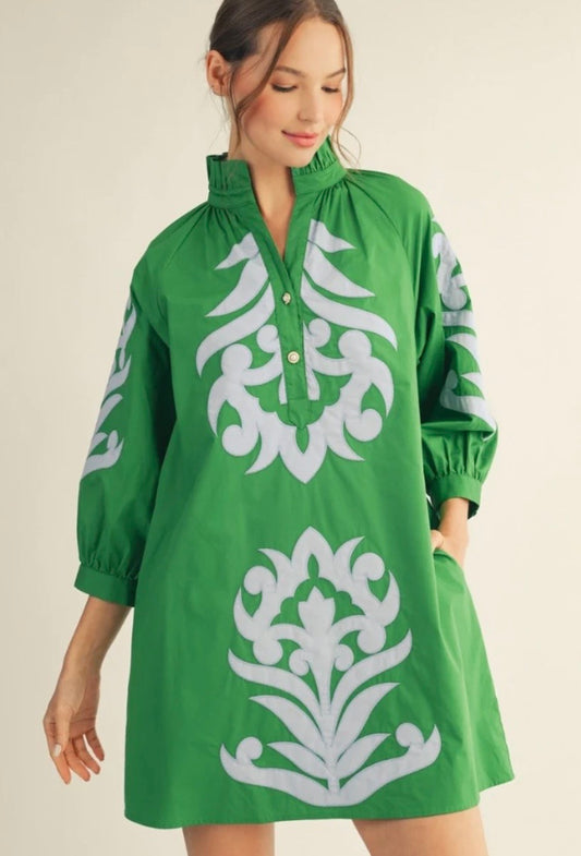 Kelly Green Floral Appliqué Shift Dress with 3/4 sleeves