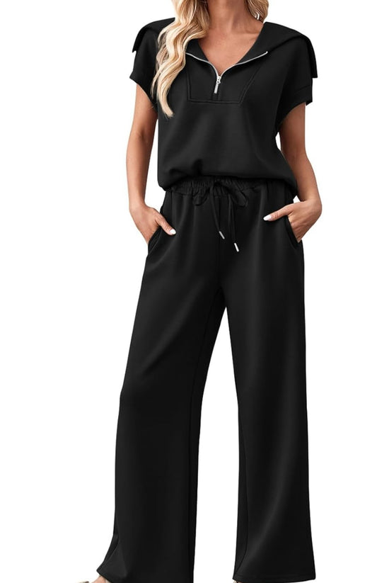 2pc Pant Set 1/2 Zip Black