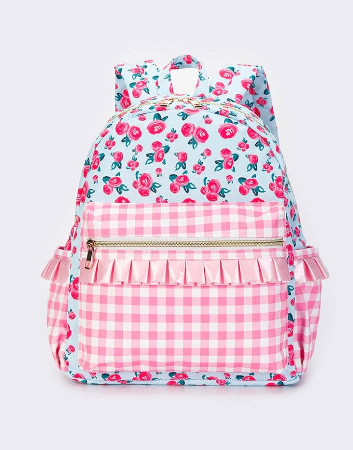 Pink Gingham & Flower Ruffle Backpack