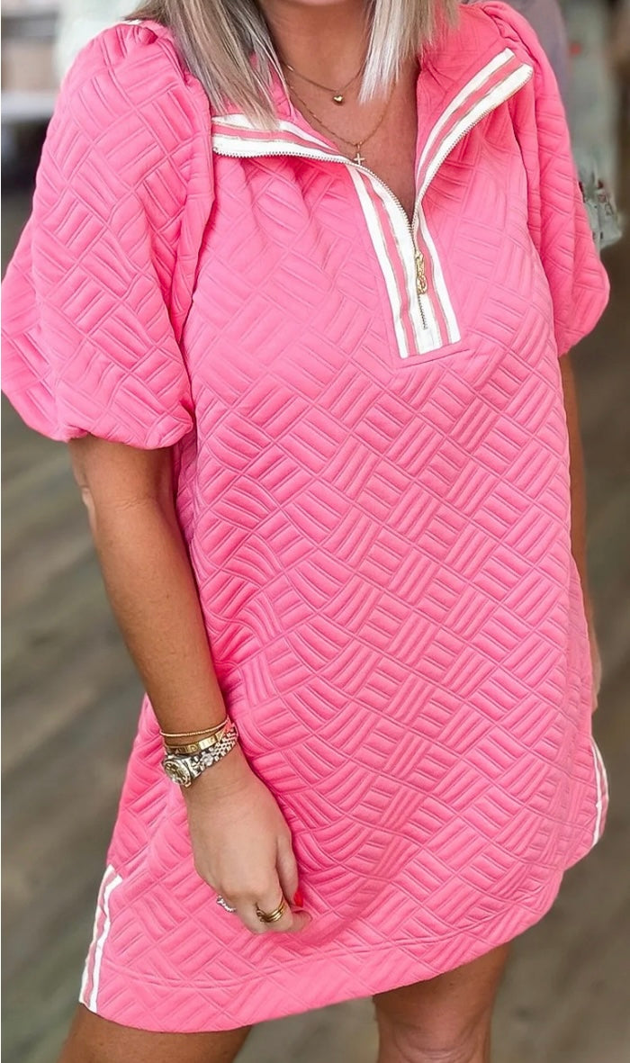 Pink Textured Dress with Puff Sleeves