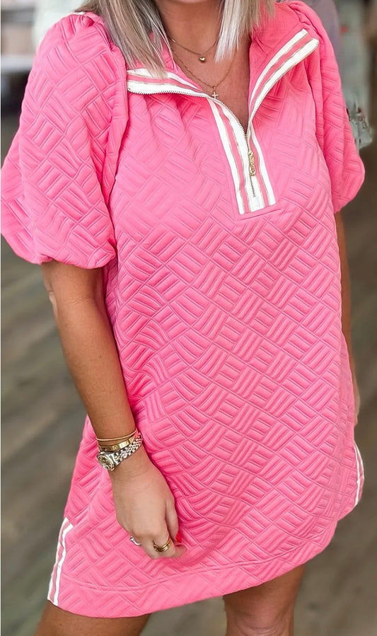 Pink Textured Dress with Puff Sleeves