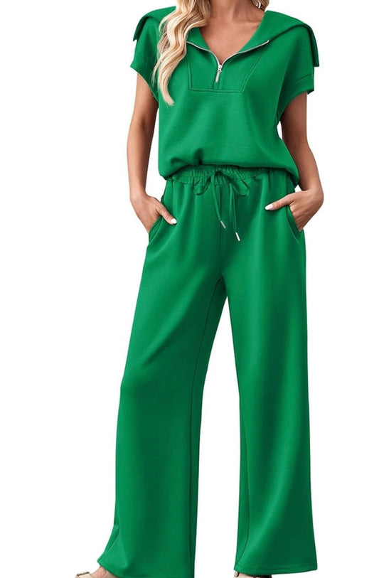 2pc Pant Set 1/2 Zip Green