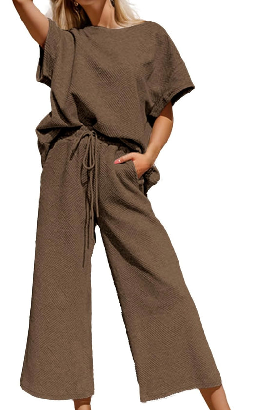 Textured Loose Fit T Shirt and Drawstring Pants Set