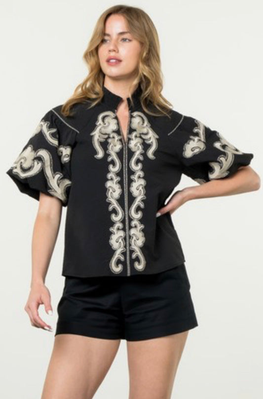 Embroiled Detail Puff Sleeve Top