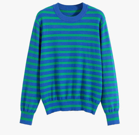 Women’s Long Sleeve Blue & Green Stripe Pullover Small