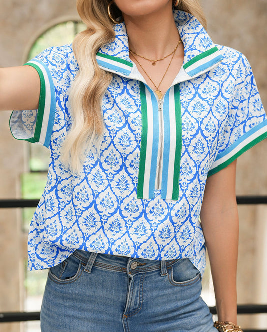 Blue Bohemian Print Top with 1/2 zipper and Stripe Trim