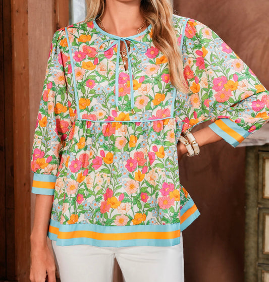 Green Floral Print Top 3/4 Sleeves with Stripe Trim