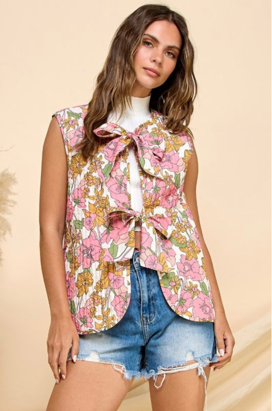 Printed Stripe Quilt Ribbon Tie Vest