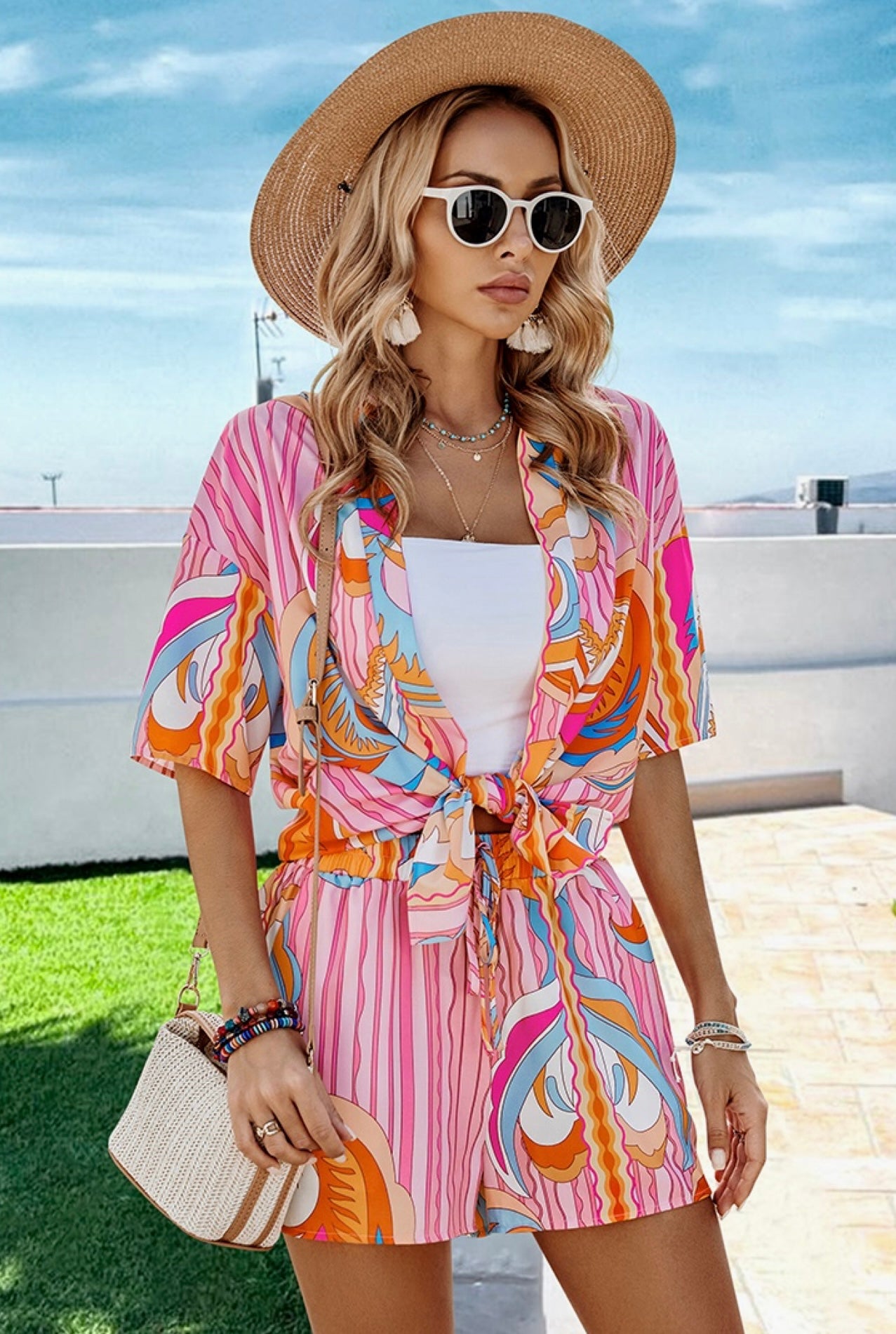 Graphic print blouse with tie front shorts