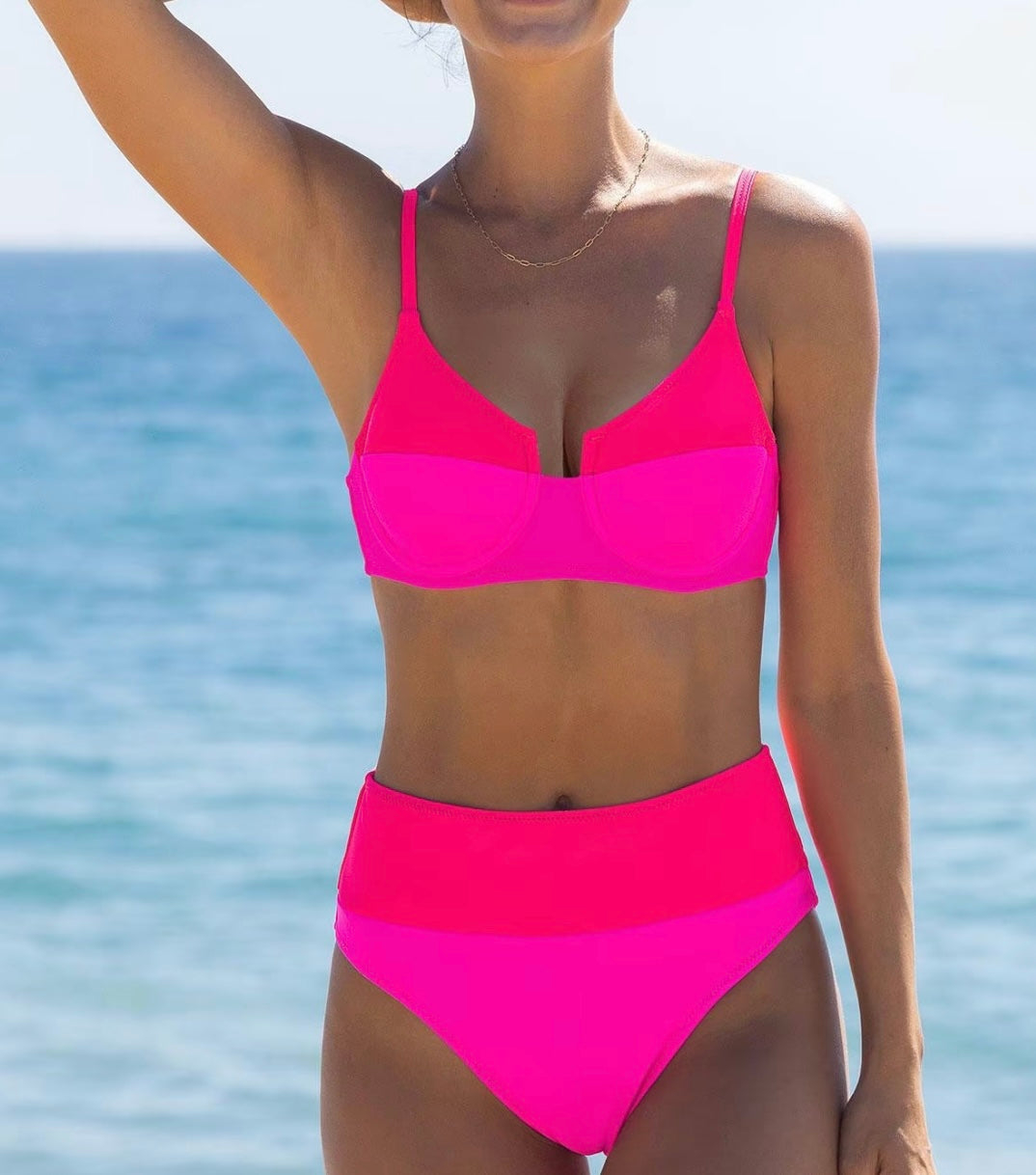 Hot pink color block bikini