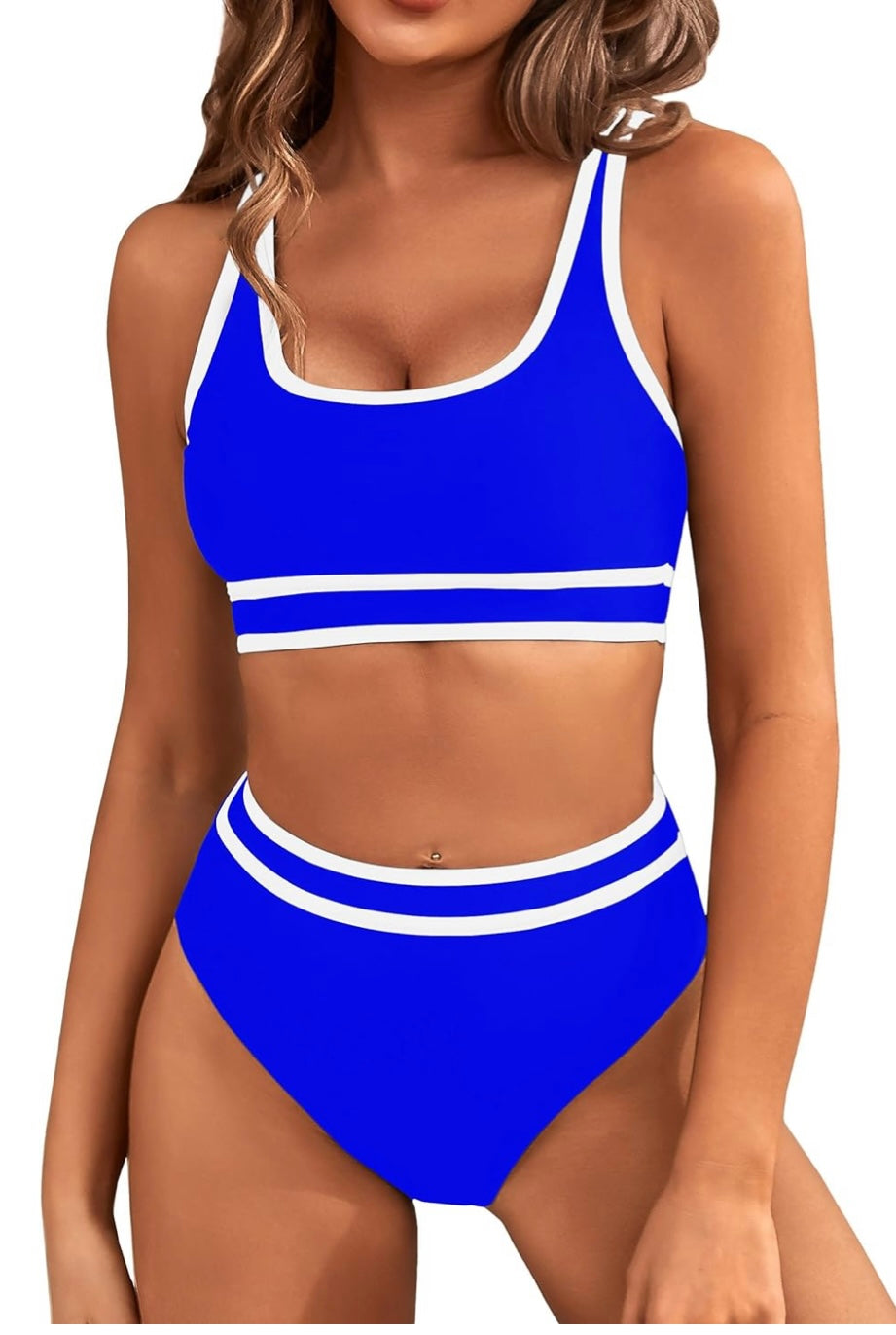 Blue & White High Waist Bikini Top