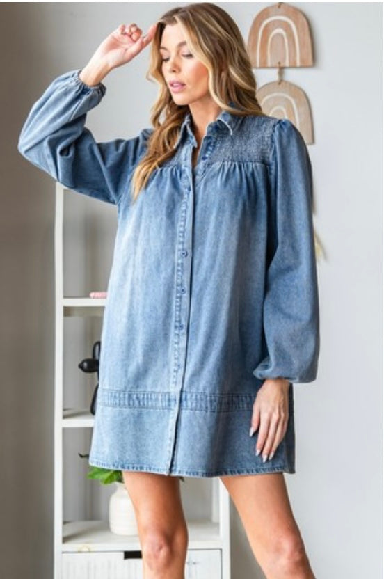 Smocked Shoulder Puff Sleeve Denim Shirt Dress