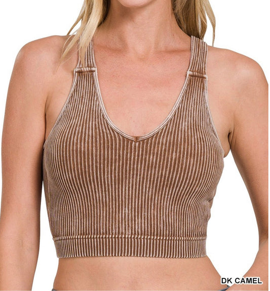 Washed Ribbed Cropped Bra Padded Tank Top