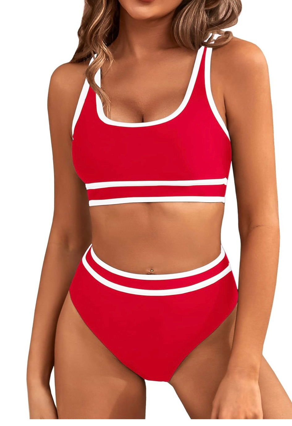 Red & White High Waist Bikini Top