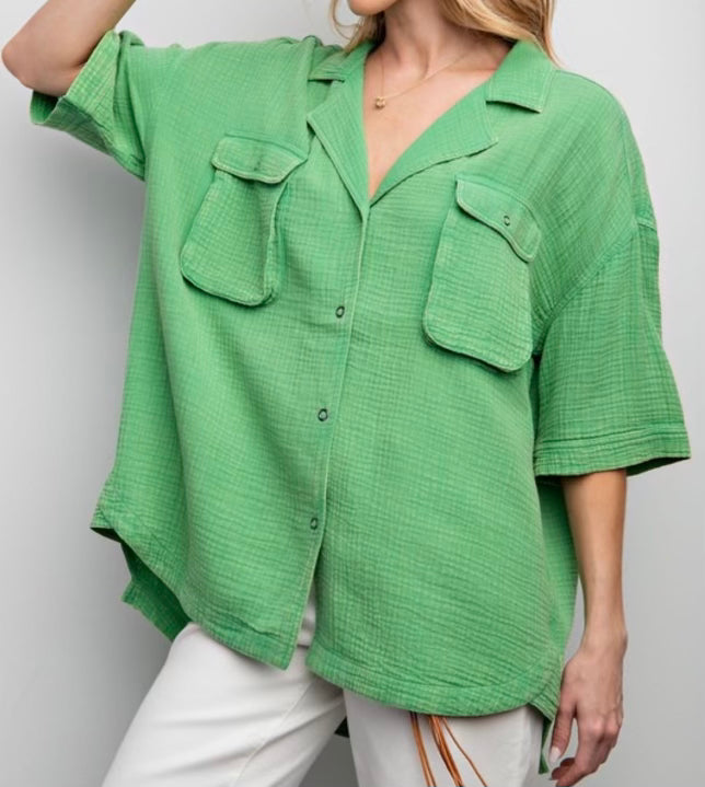 Green Mineral Washed Cotton Gauze Shirt