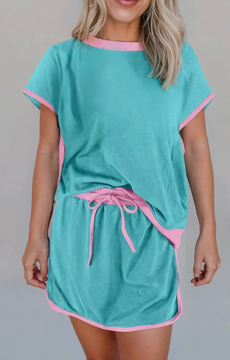 Colorblock Drop Shoulder T Shirt & Skirt Set