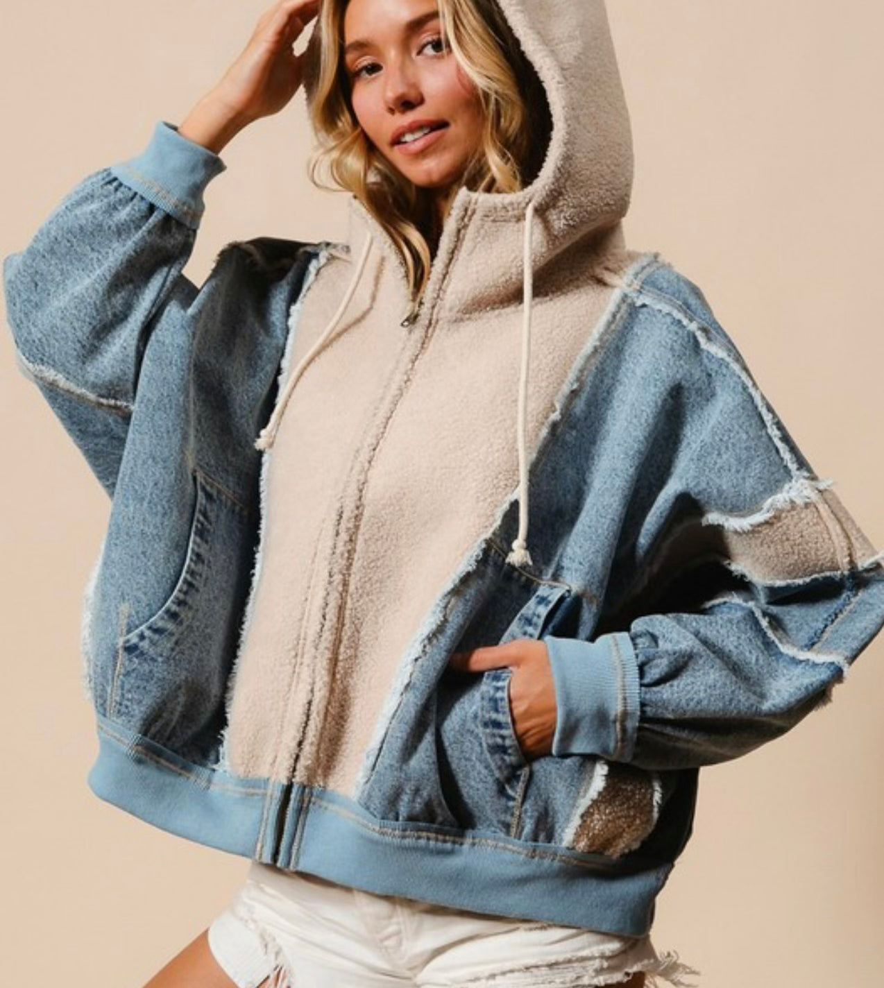 Denim and Fleece Hood Jacket