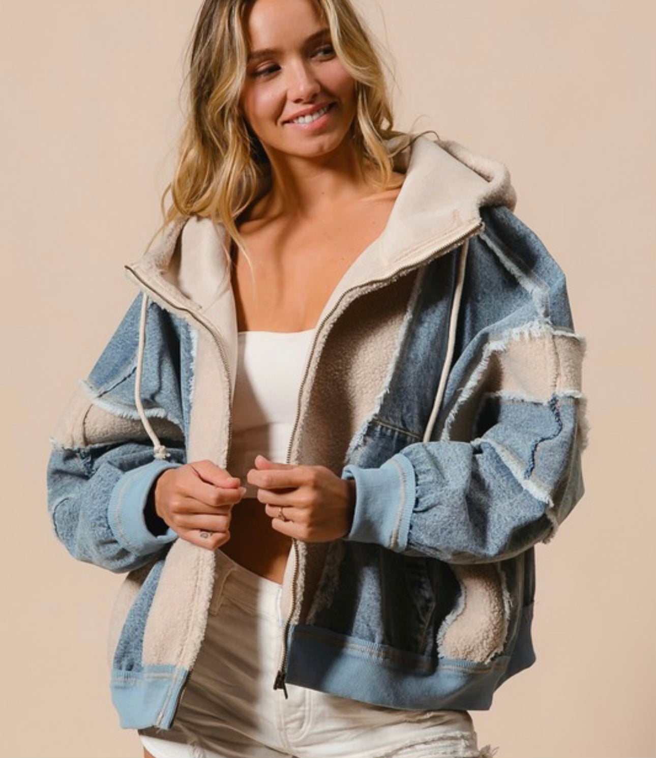 Denim and Fleece Hood Jacket