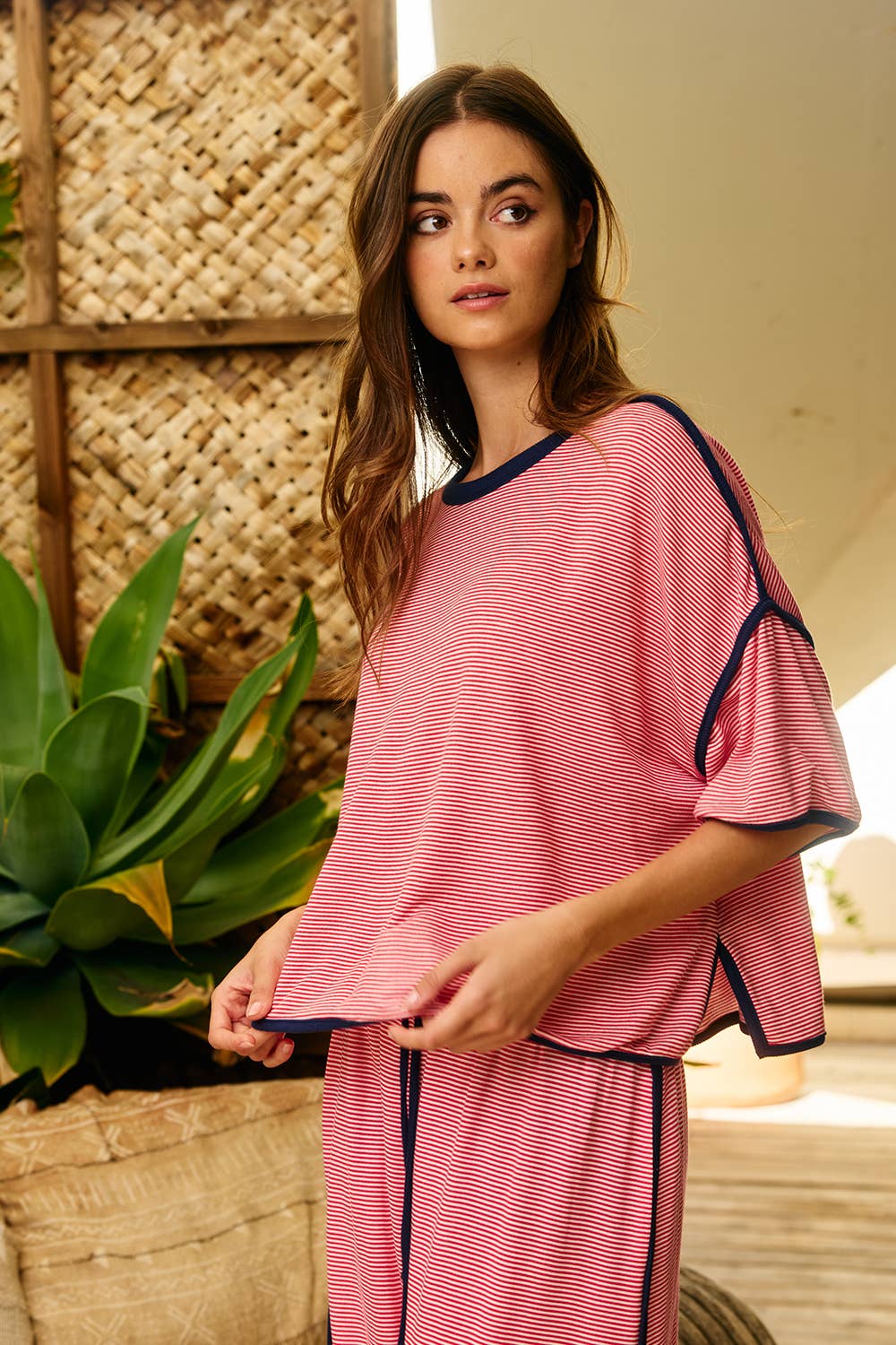 T3005 Contrast Binding Striped Short Sleeve Top