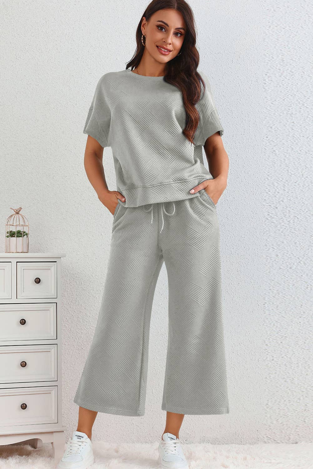 Textured Loose Fit T Shirt and Drawstring Pants Set