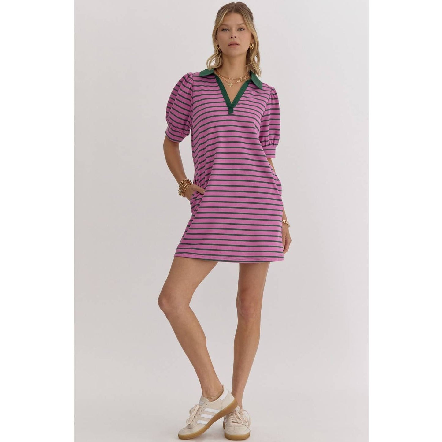 Stripe print v-neck puff sleeve collared dress