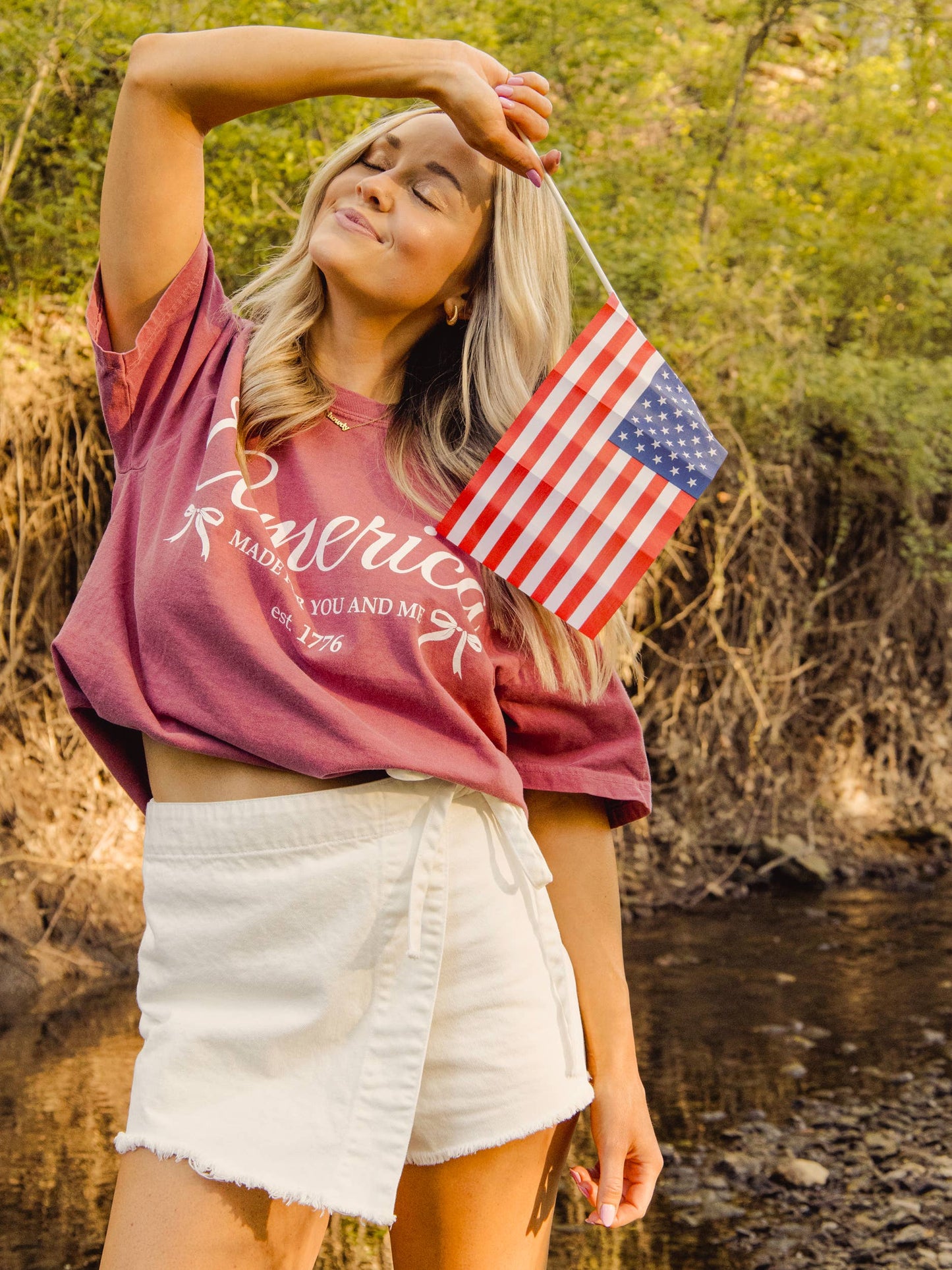 4th of July America 1776 Bows Crimson Comfort Colors Tee