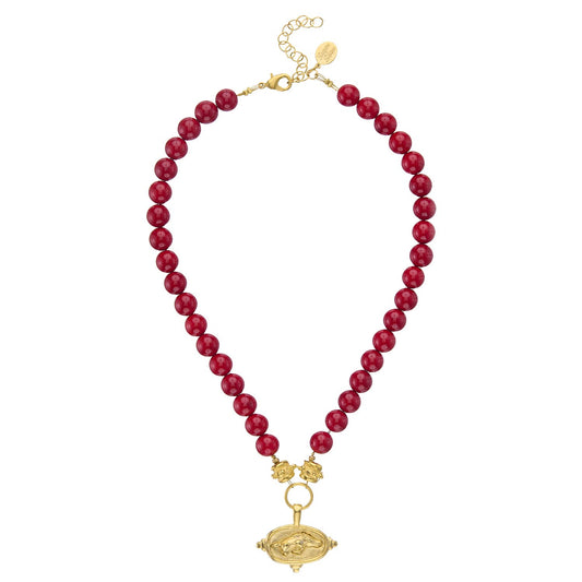 Wild Boar Intaglio on Red Coral Necklace