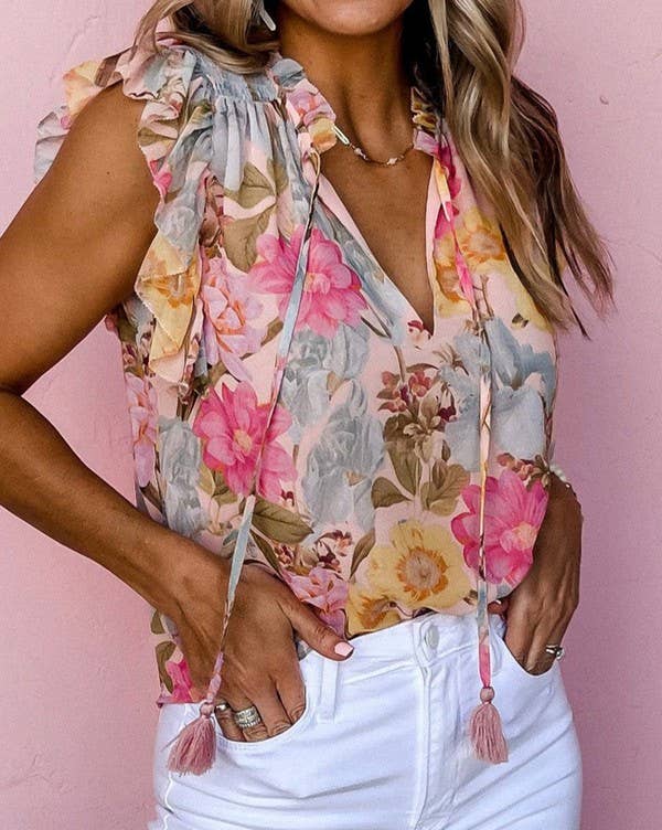 Floral Ruffle Tassel Blouse