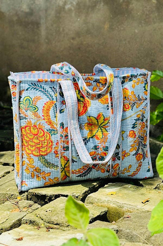 Antoinette Light Blue Velvet Floral Tote Bag