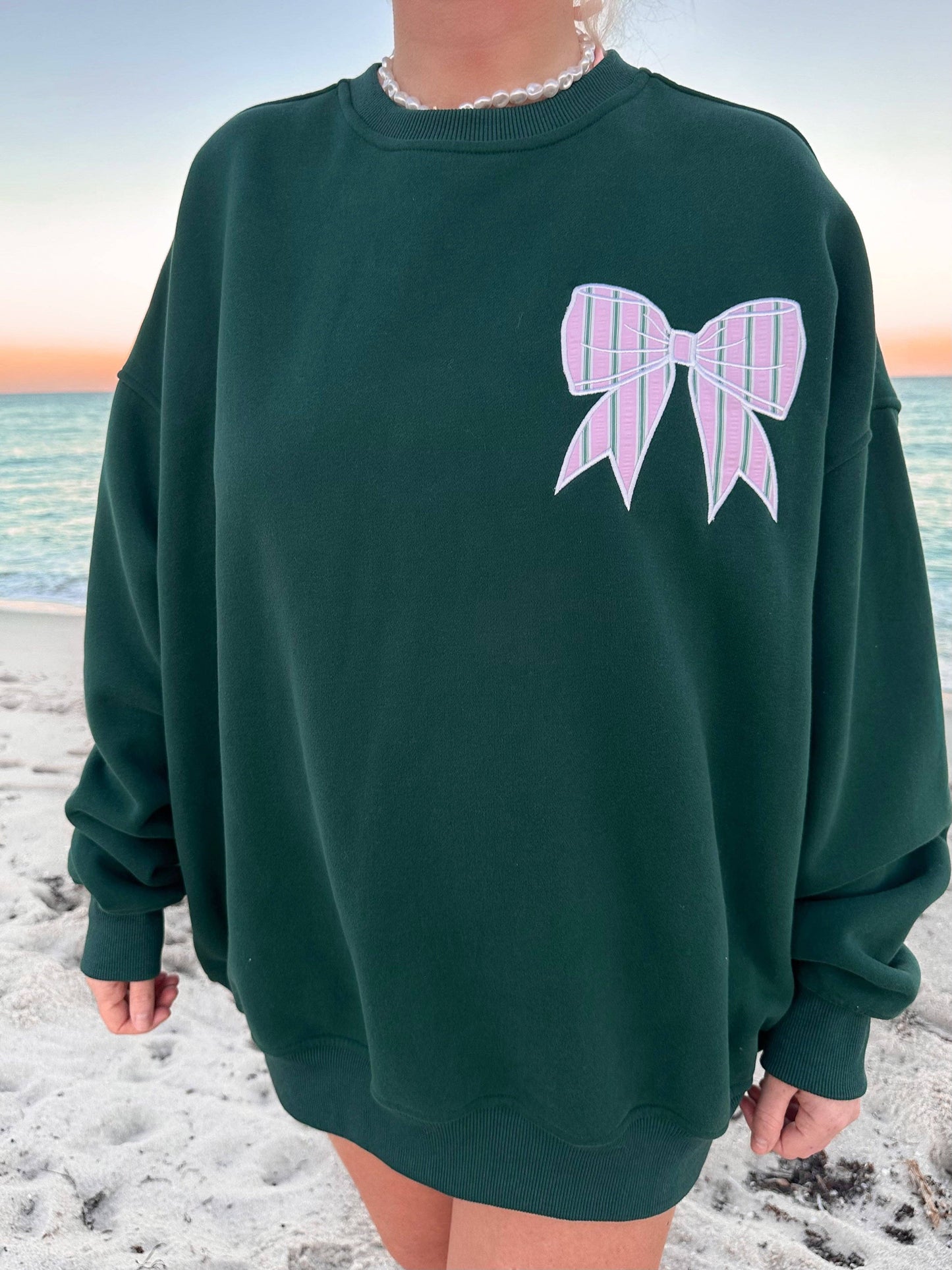 Winter Green Striped Bow Embroider Sweatshirt