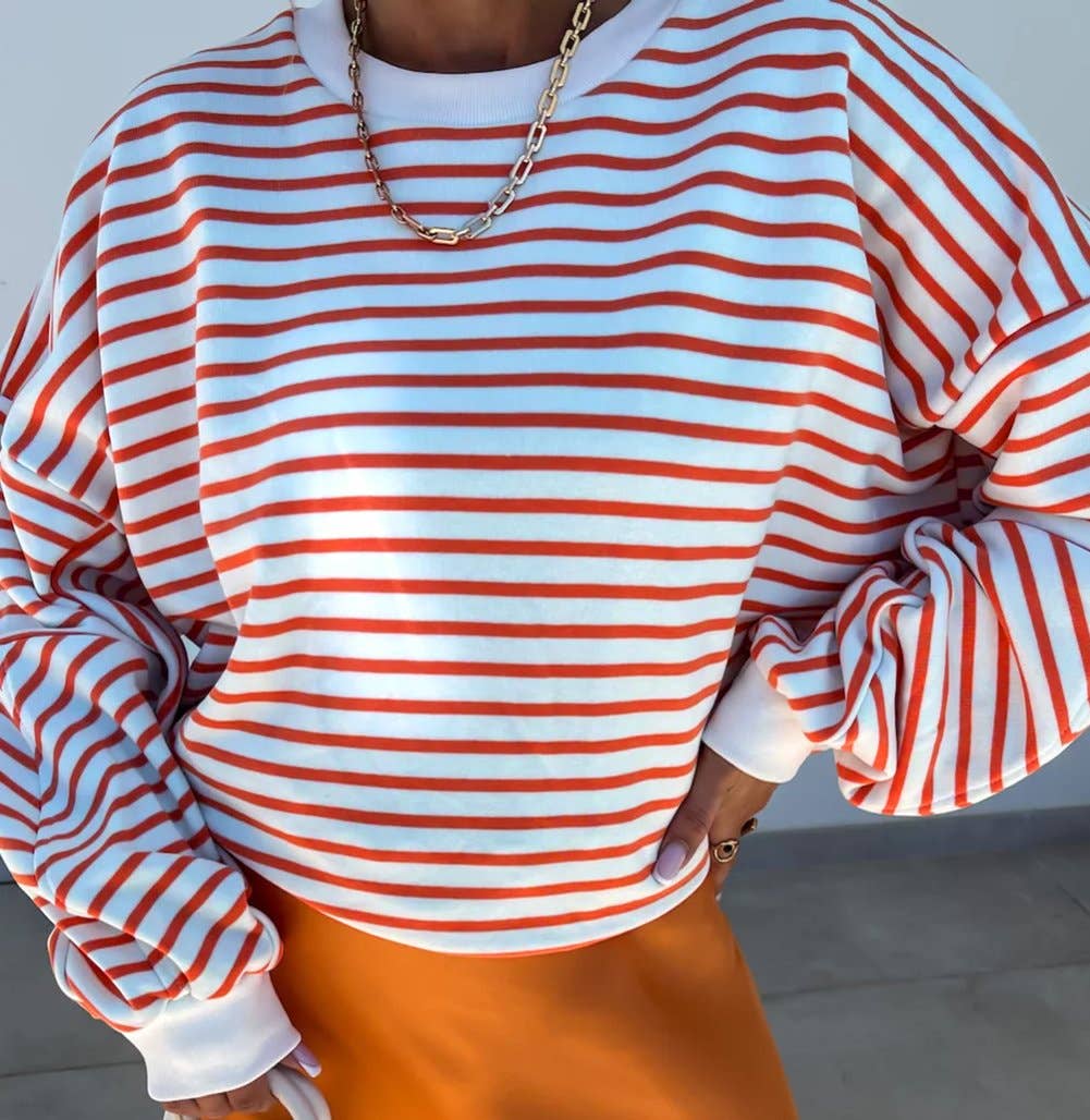 Stripe Drop Shoulder Crew Neck Loose Sweatshirt