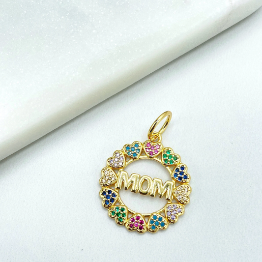 18k Gold Filled Colored Colorful Micro Pave Cubic Zirconia Hearts & Mom Circle Medal Charm Pendant, Wholesale