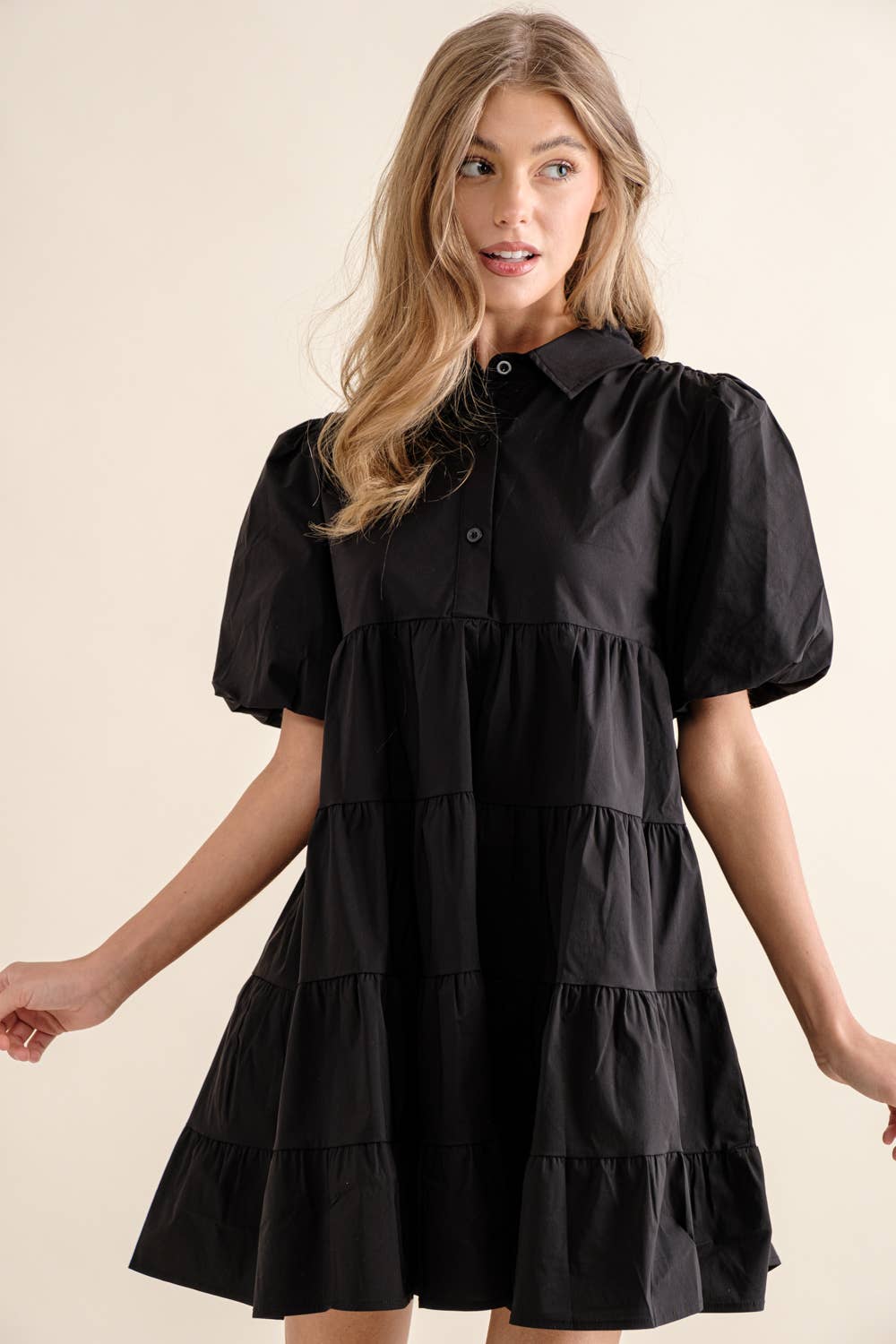 Button Up Tiered Puff SLV Shirt Dress