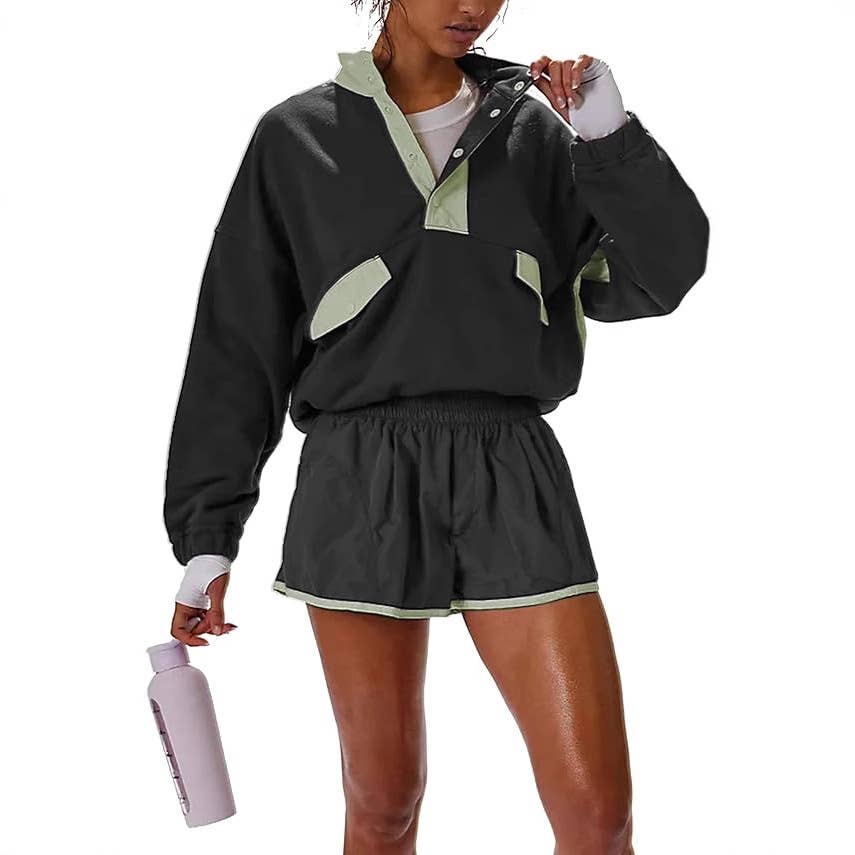 Color Blocks half button sweatshirt & shorts sporty set