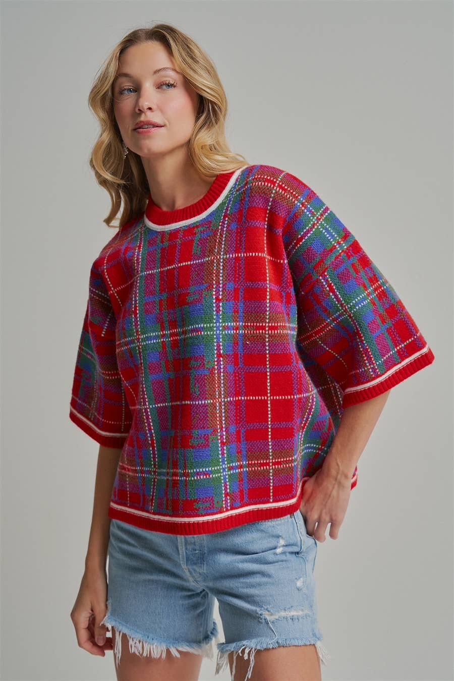 HOLIDAY CHRISTMAS PLAID DROP SHOULDER SWEATER_JLT00303-02