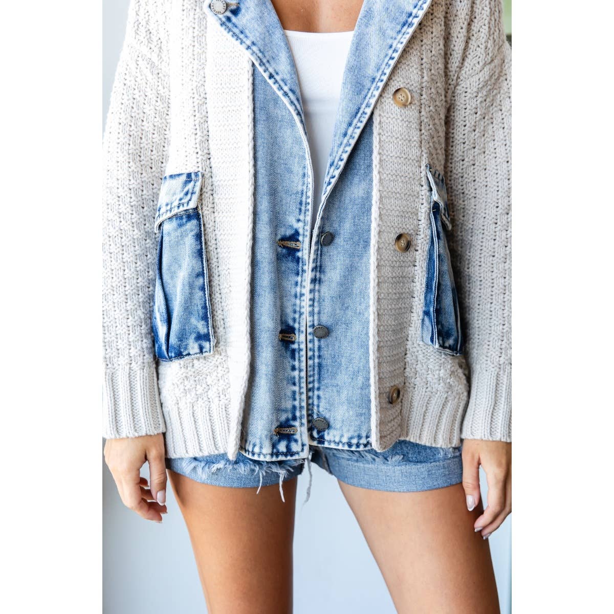 Knit Body Denim Layerd Jacket