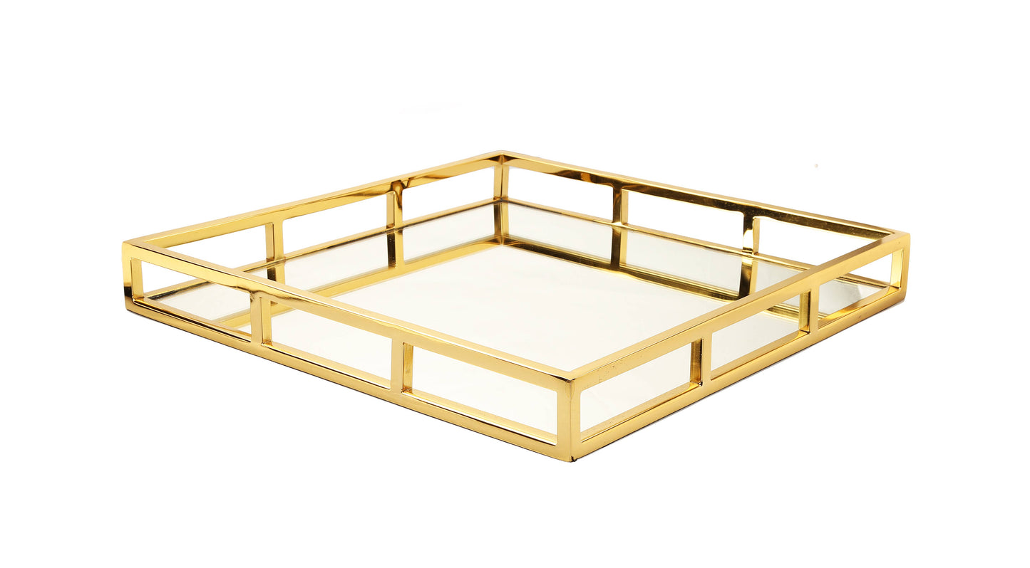 16" Square Mirror Tray- Gold