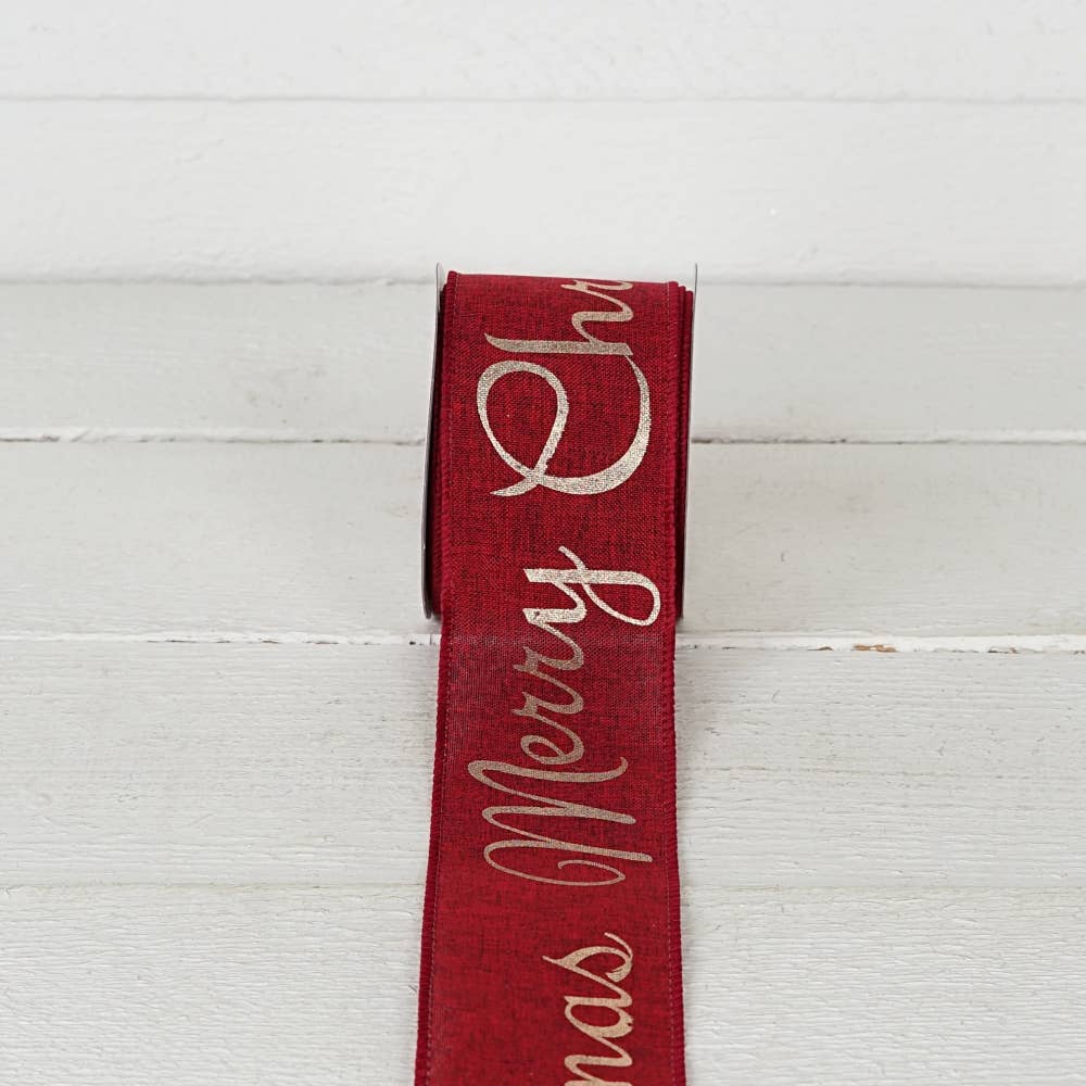 R32922-Wired Ribbon-Burlap Red w. "Merry Christmas" (2.5inW)