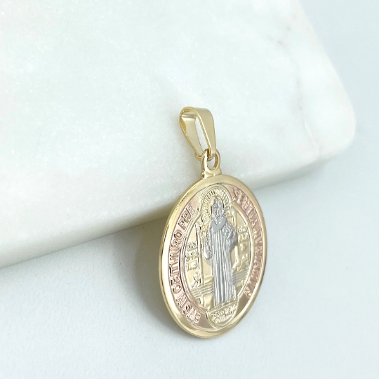 18k Gold Filled Three Tone Saint Benedict Reversible Medal Pendant Charms