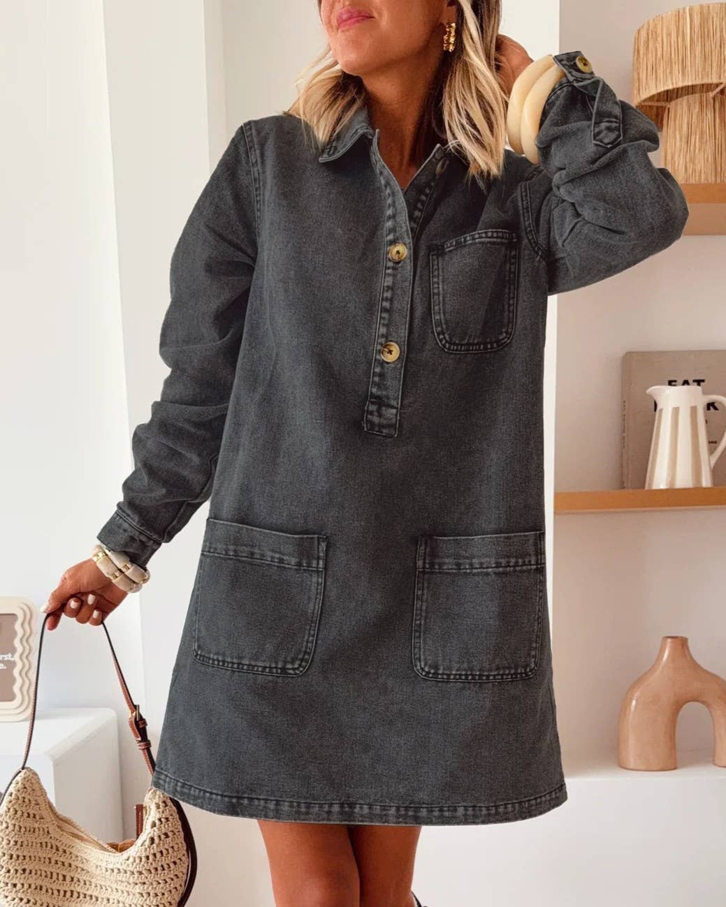 Vintage Collared Leopard Print Long-Sleeve Loose Denim Dress