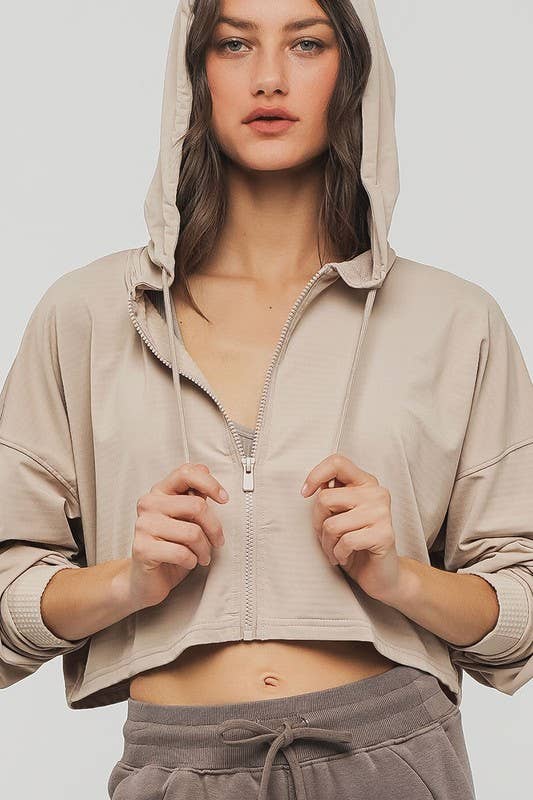 Cropped Zip Up Drawstring Hooded Workout Jacket