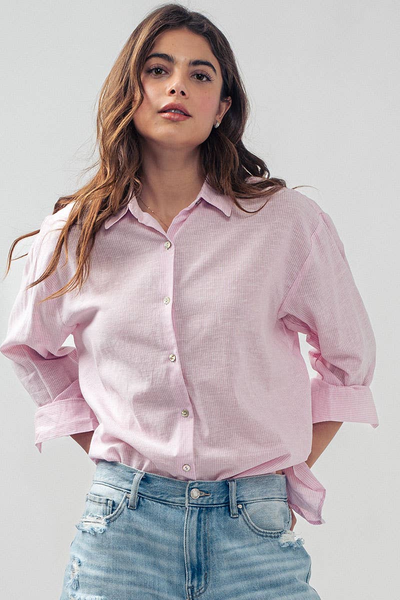 Lightweight Pinstripe Button Down in Cotton Linen Blend