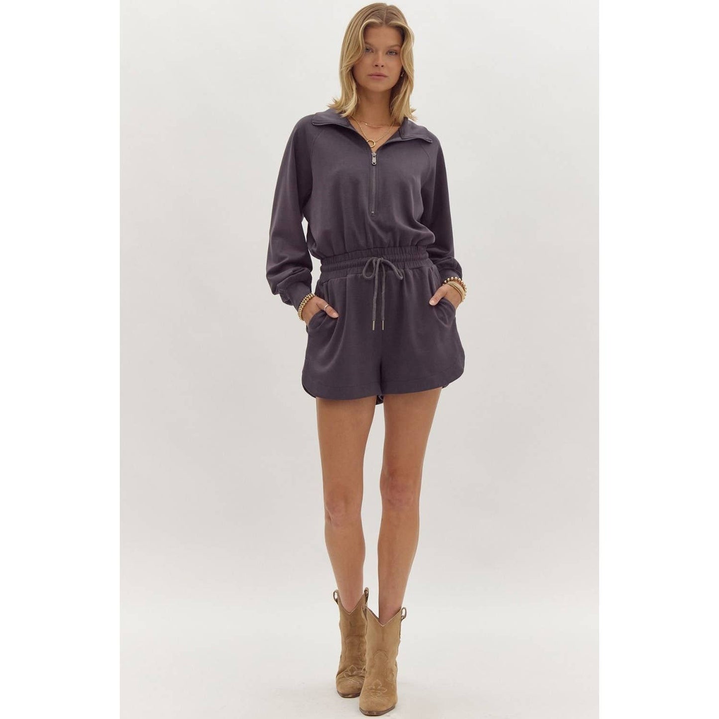 Solid long sleeve half zip collared romper