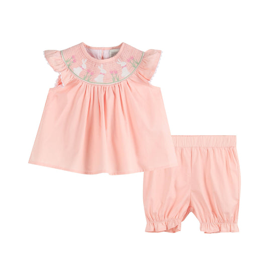 Pink Easter Bunny Smocked Top and Bloomer Set