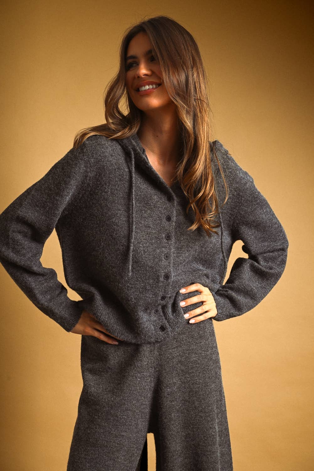 J7311ST   BUTTON FRONT SWEATER JACKET WITH HOOD