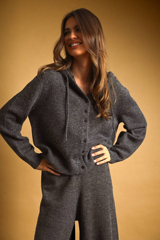 BUTTON FRONT SWEATER JACKET WITH HOOD