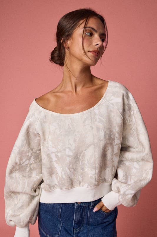 Nature Camo Print Off-Shoulder LS Top